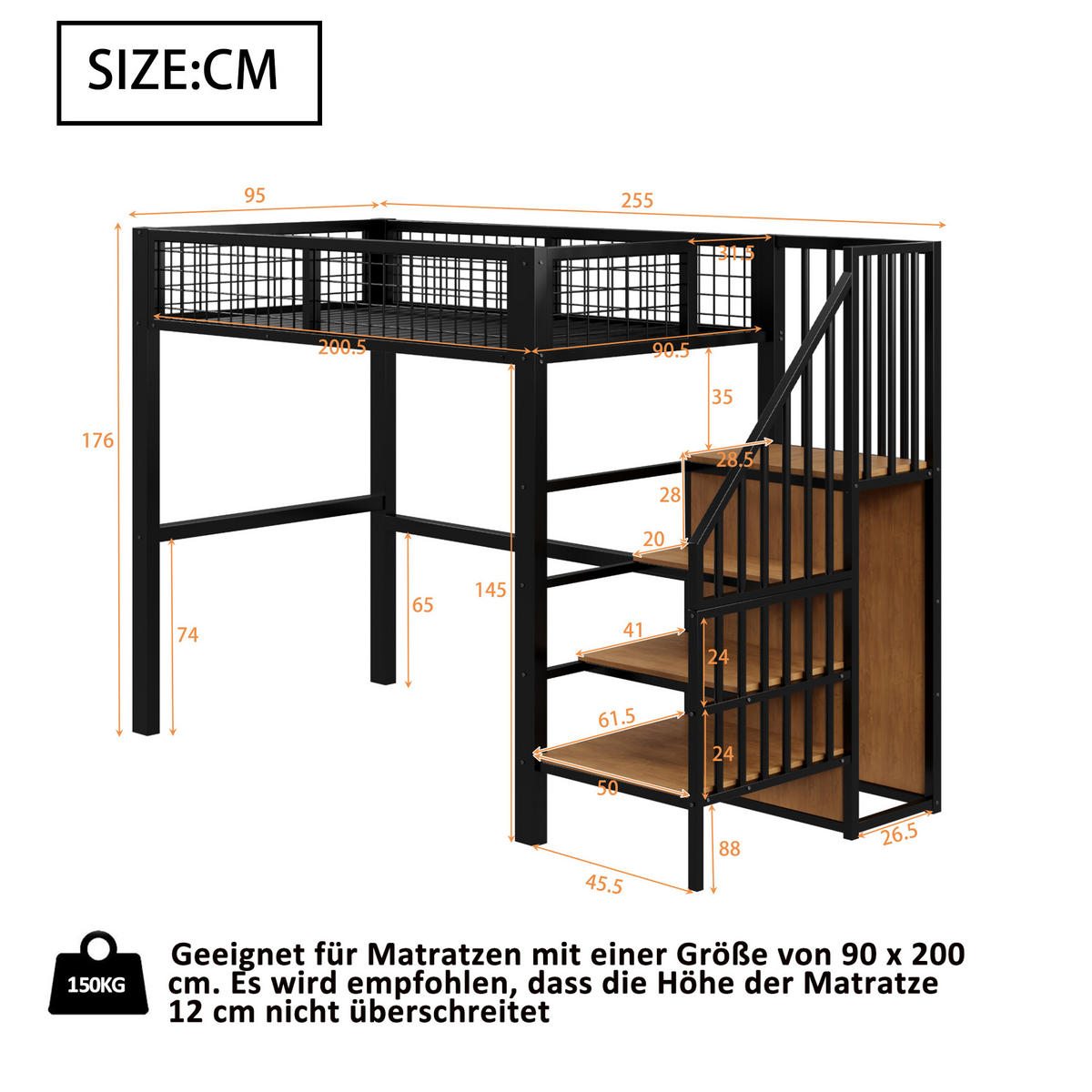 HOCHBETT 90/200 cm in Schwarz mit Kleiderschrank und Regal - Schwarz, Holz/Metall (90/200cm) - STILVORA