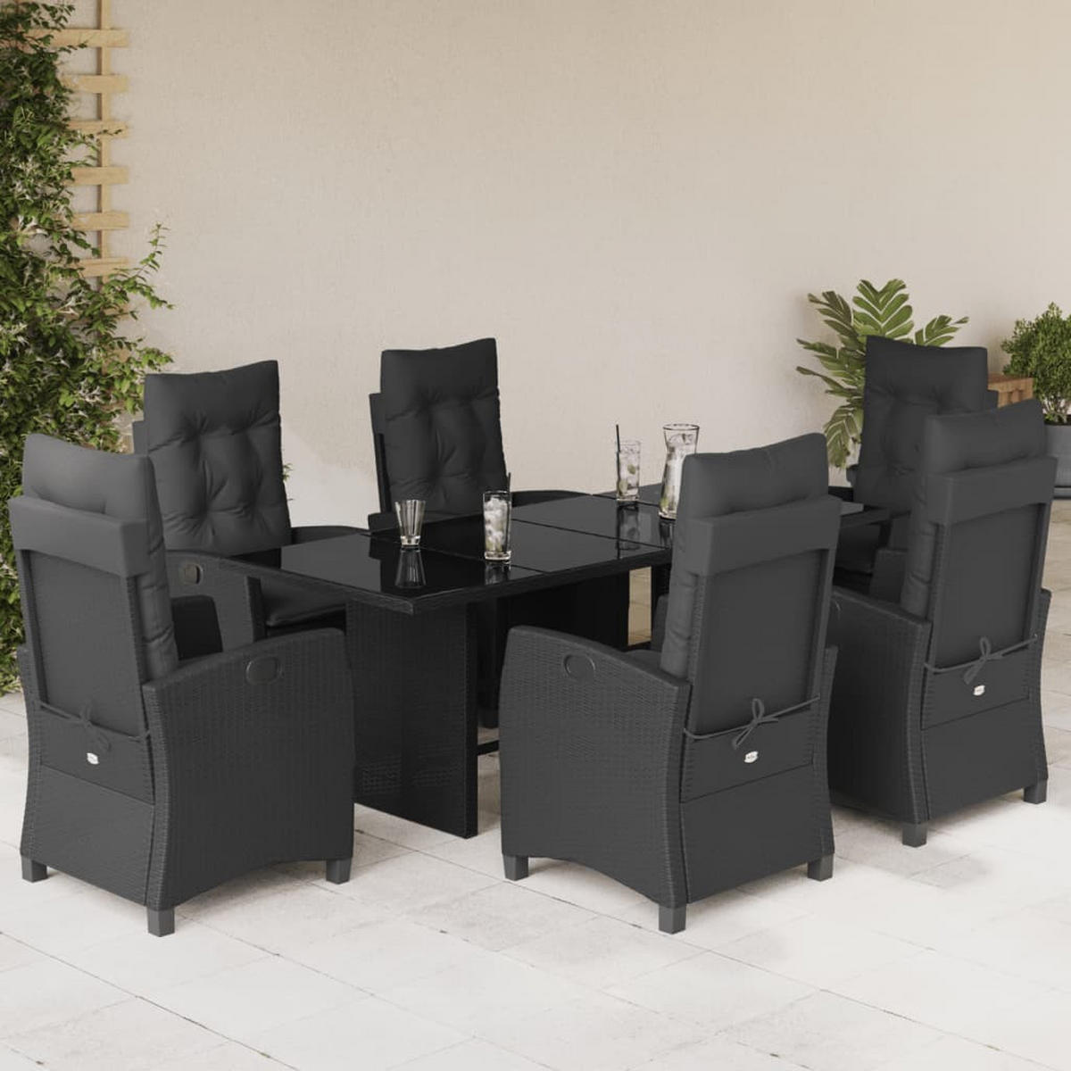 GARTEN-ESSGRUPPE 7Er Set Mit Kissen Schwarz Poly Rattan - Schwarz, Kunststoff - vidaXL