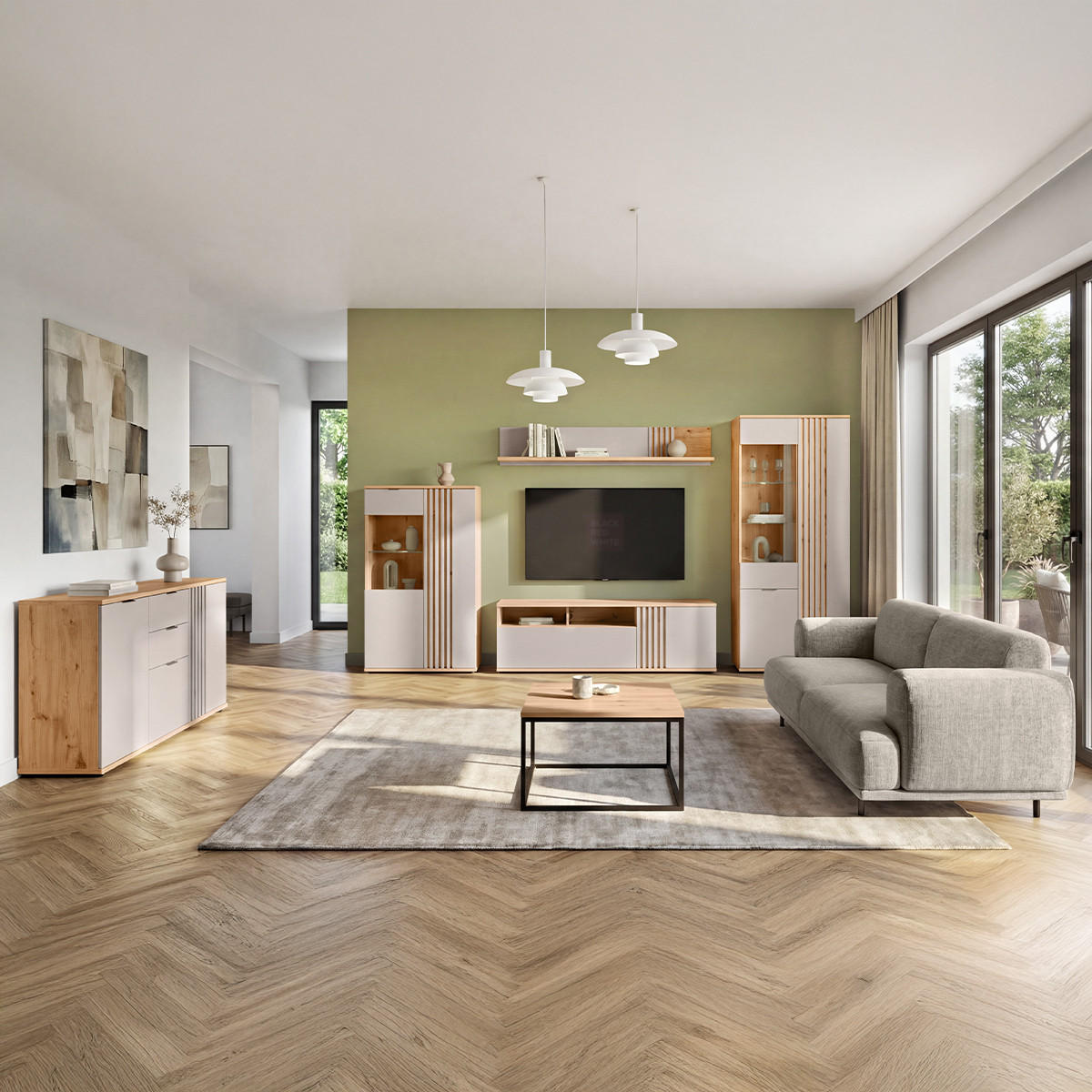 VITRÍNA Ezra Kašmír a dřevo - béžová, kompozitní dřevo (90.5/137.5/40cm) - Petits-meubles