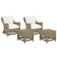 GARTENSESSEL 2er-SET mit Hocker Rattan natürlich Auflagen cremeweiß Ribolla - Beige/Naturfarben, Naturmaterialien (66/78/70cm) - Beliani