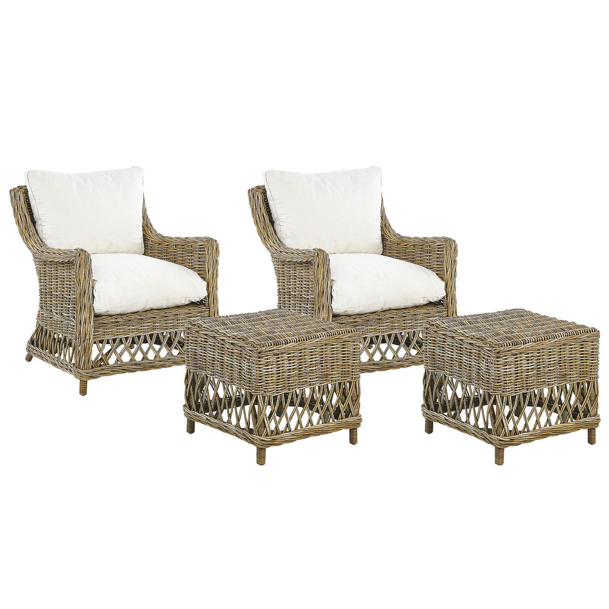 GARTENSESSEL 2er-SET mit Hocker Rattan natürlich Auflagen cremeweiß Ribolla - Beige/Naturfarben, Naturmaterialien (66/78/70cm) - Beliani