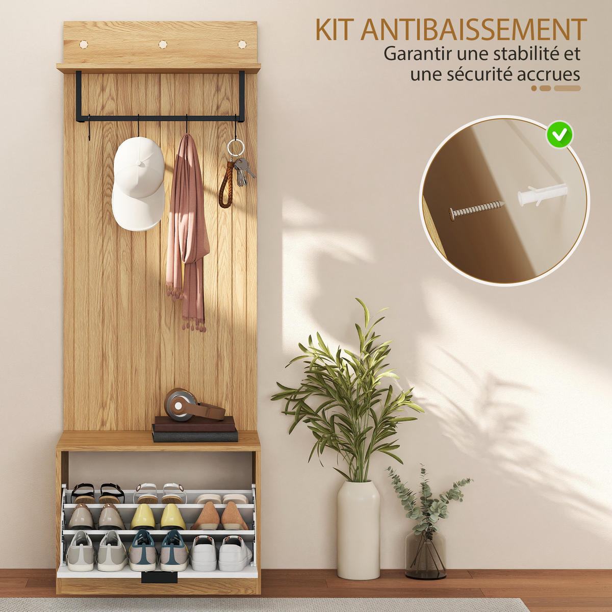 GARDEROBE DE-17895 5-in-1 mit klappbarer Schuhbank Eiche - Eichefarben, Holzwerkstoff (30/170/60cm) - ComfortXL