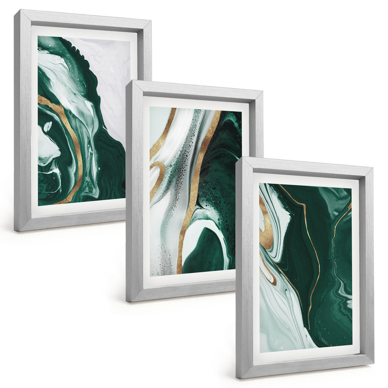 BILDER SET 3er Set - 20x30 cm Silberner Rahmen - Abstrakte grüne Farbmuster - Silberfarben, Kunststoff (20/30cm) - TULUP