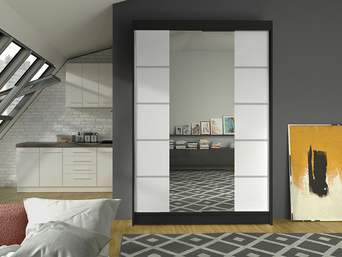 SCHWEBETÜRENSCHRANK Lino V - Schwarz/Weiß, Holzwerkstoff/Metall (120/200/58cm) - MIRJAN24