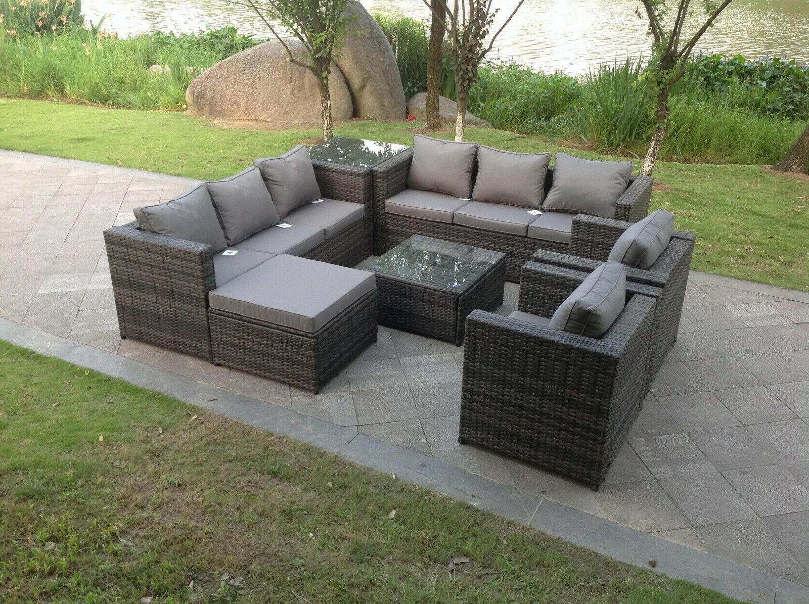 GARTENMÖBELSET mit Couchtisch Polyrattan 9-Sitzer - Dunkelgrau/Grau, Glas/Kunststoff - Fimous