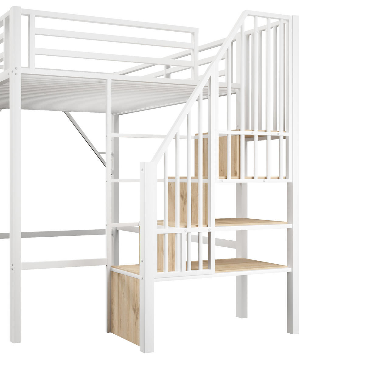 HOCHBETT 140/200 cm Weiß mit Stauraumtreppe und offener Stauraum - Weiß, Metall (140/200cm) - Oxeza
