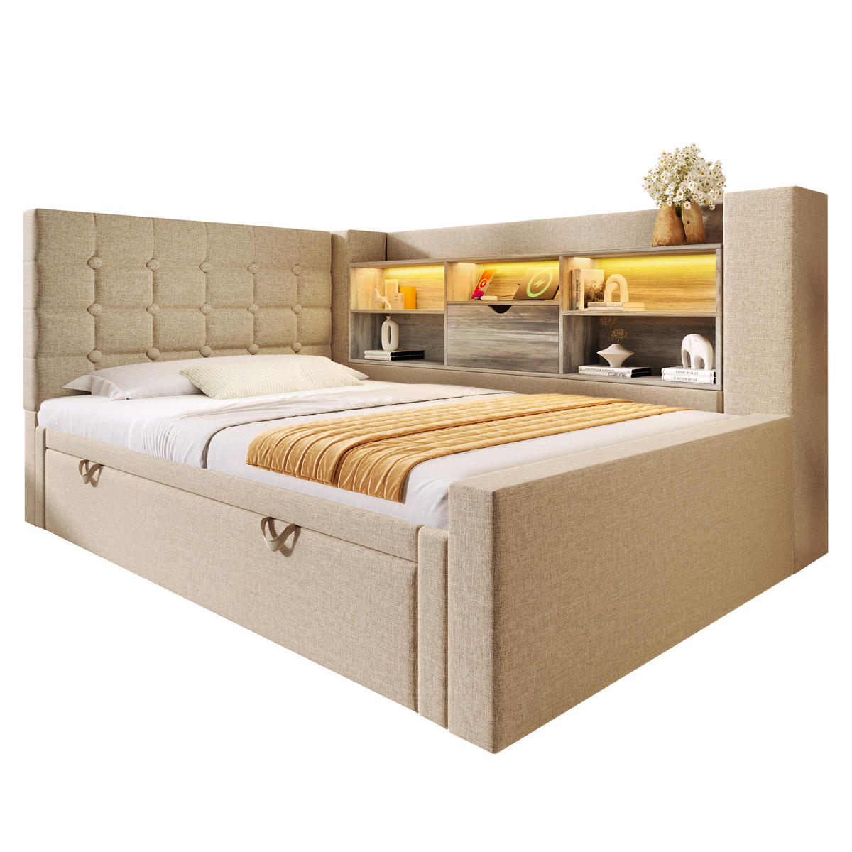 POLSTERBETT 90/200 cm & 90/190 cm in Beige Leinen mit Ausziehbett, LED und USB - Beige, Holzwerkstoff/Textil (90/200cm) - CHICFURN