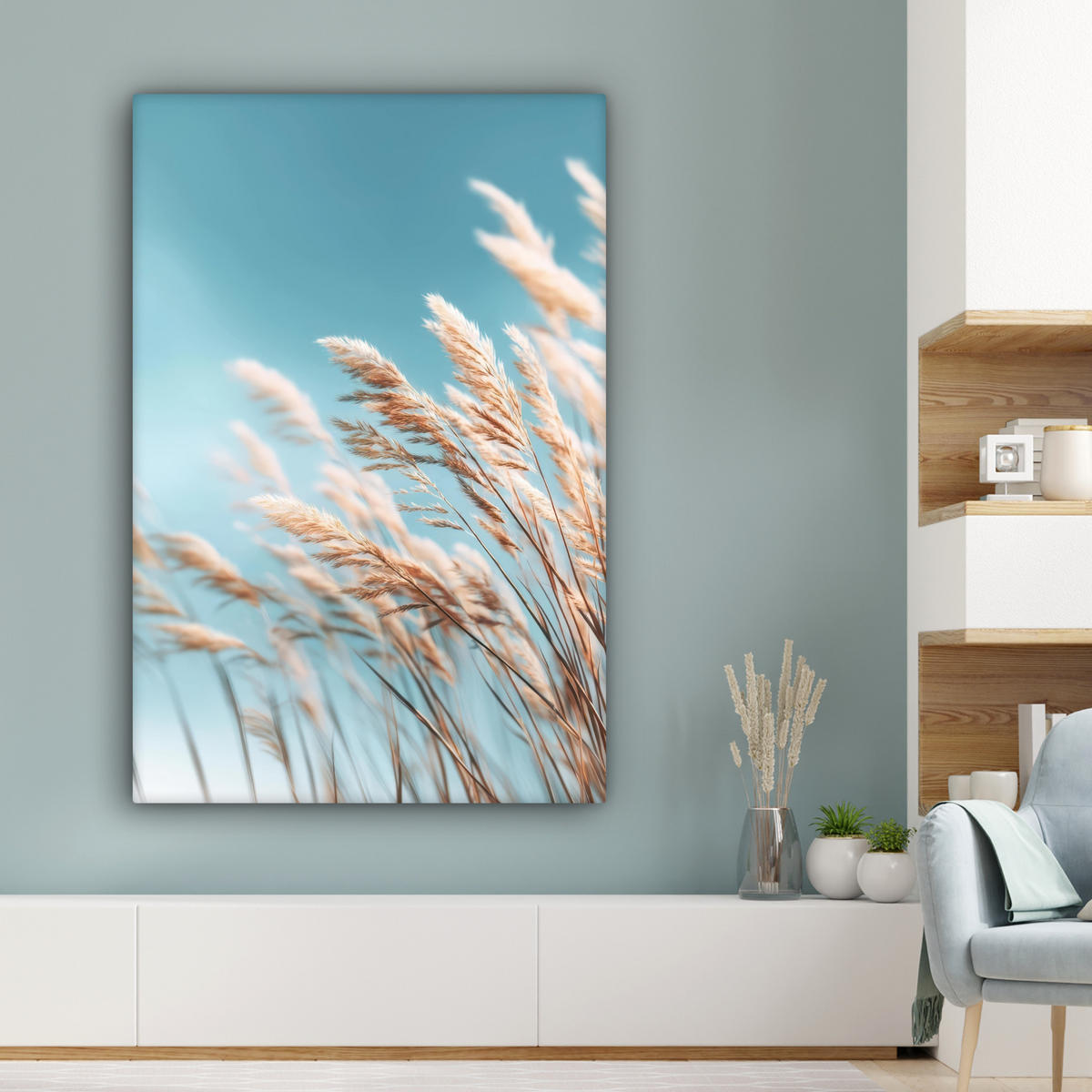 LEINWANDBILD Ziergras - Wind - Hellbraun Deko XXL 80x120 cm - Hellblau, Textil (80/120cm) - MuchoWow