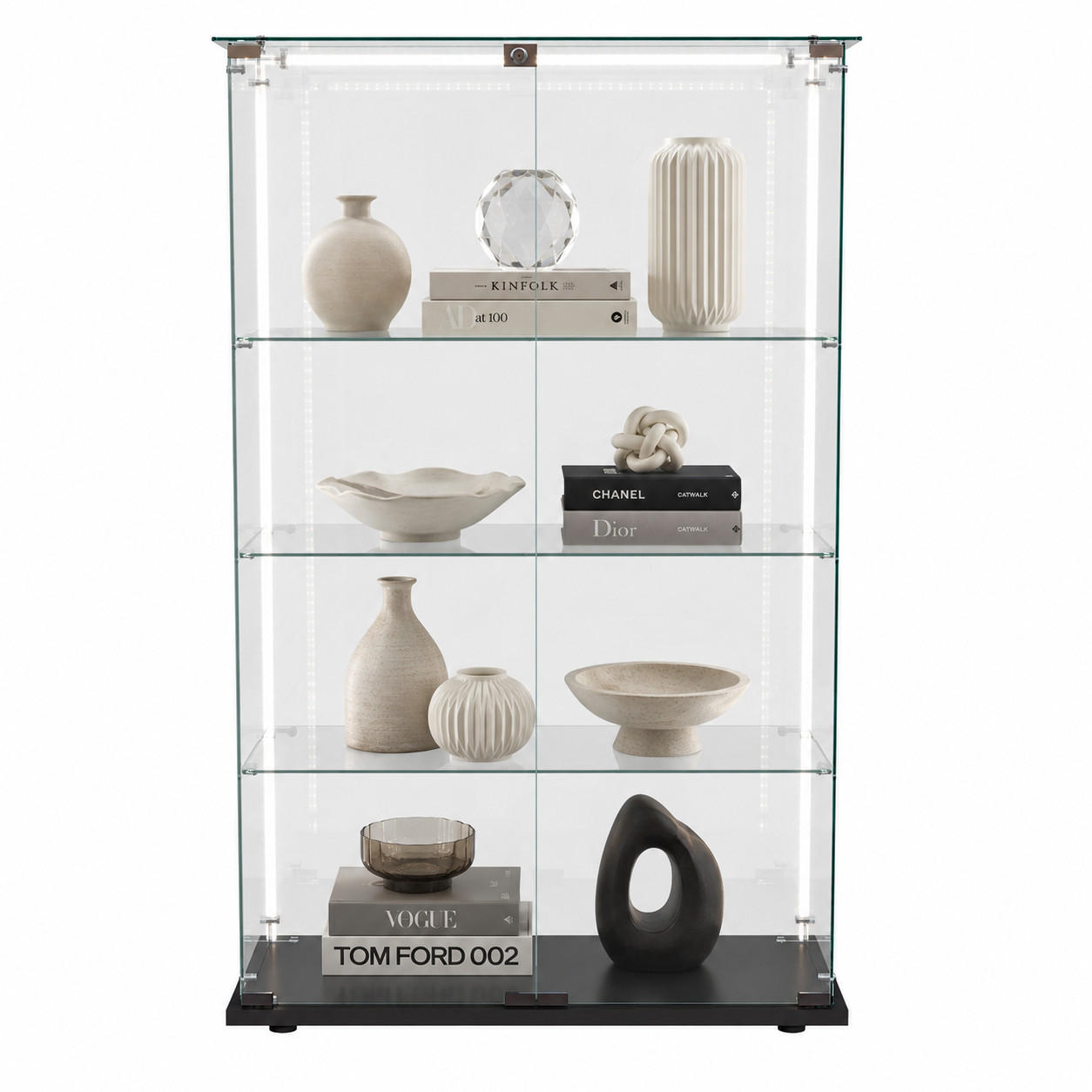LED-VITRINE, 3-stufig mit Doppeltüren, Schwarzrahmen - Schwarz, Glas (78.5/123.3/35cm) - Joyfair