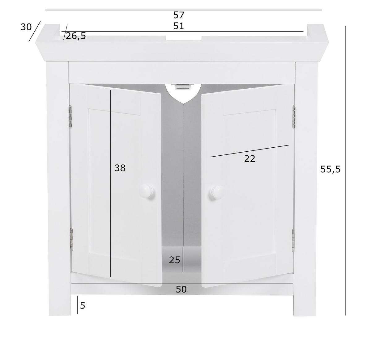 WASCHBECKENUNTERSCHRANK Weiß 57 cm breit mit 2 Türen und Bodenstehend - Weiß, Holzwerkstoff (57/56/30cm) - KADIMA DESIGN