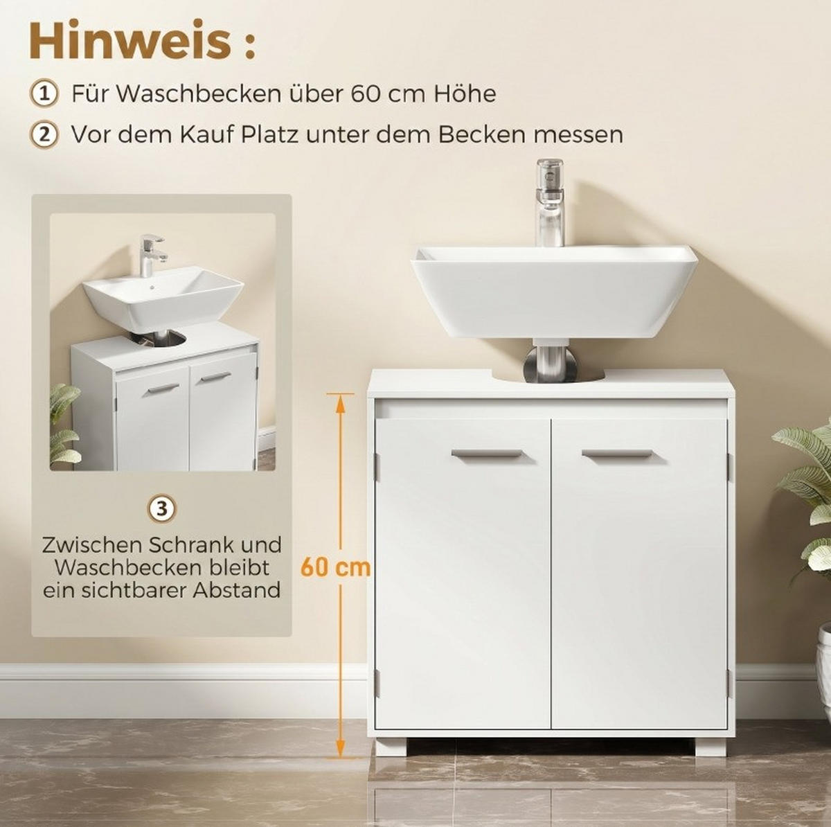 WASCHBECKENUNTERSCHRANK aus Holz/MDF 60x30x60 cm Weiß mit U-förmigem Ausschnitt, verstellbarem Regal & Kippsicherung - Weiß, Holz (60/60/30cm) - Modfu