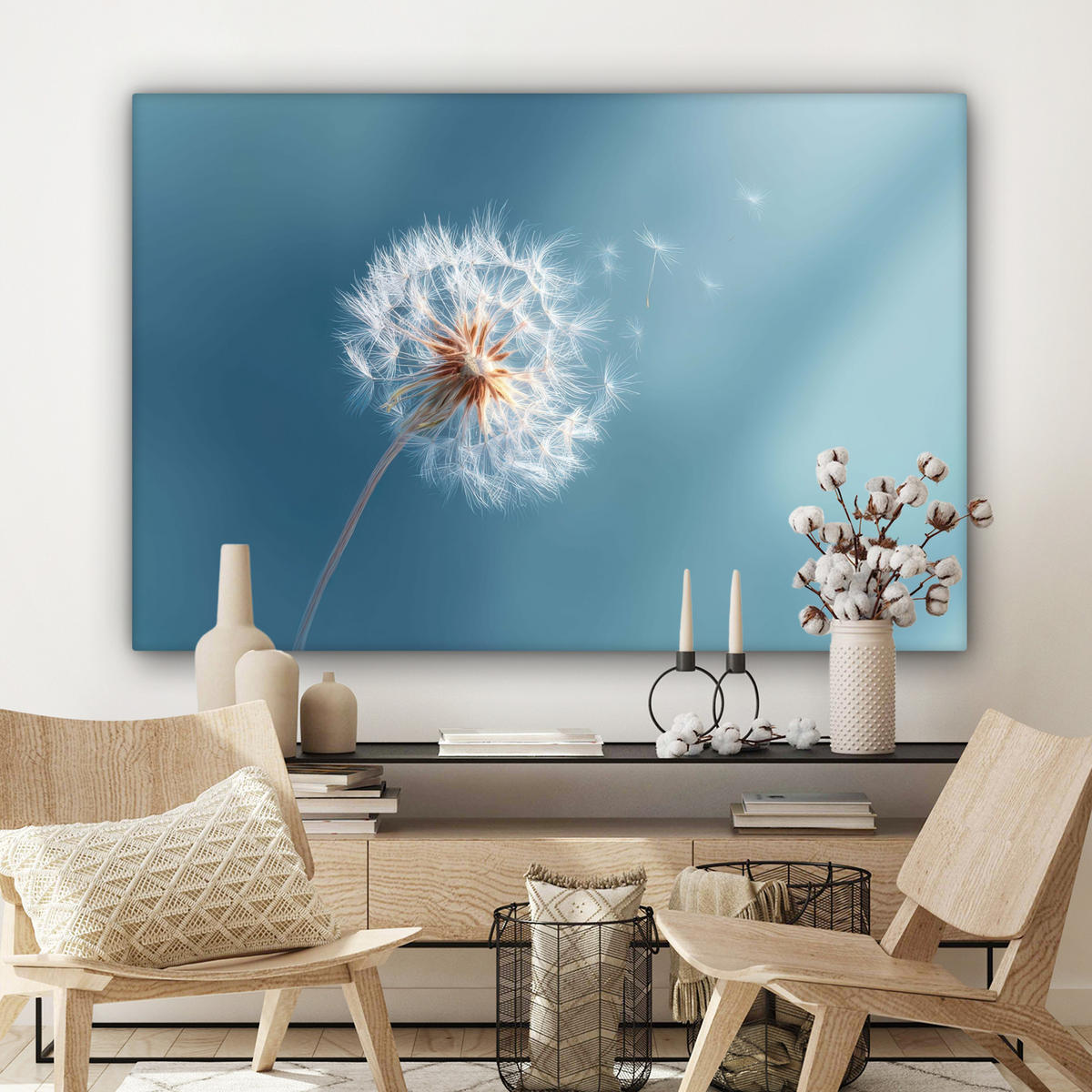 LEINWANDBILD Löwenzahn - Wind - Blau Wohnzimmer Groß 120x80 cm - Blaugrau, Textil (120/80cm) - MuchoWow