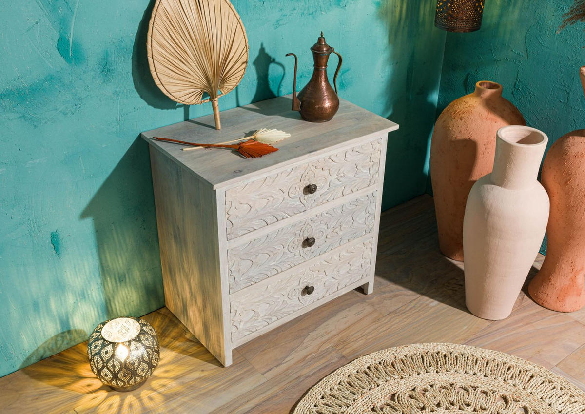 KOMMODE Mango 80x48x78 weiß geölt KASHMIR #107 - Weiß, Holz (80/78/48cm) - Massivmoebel24