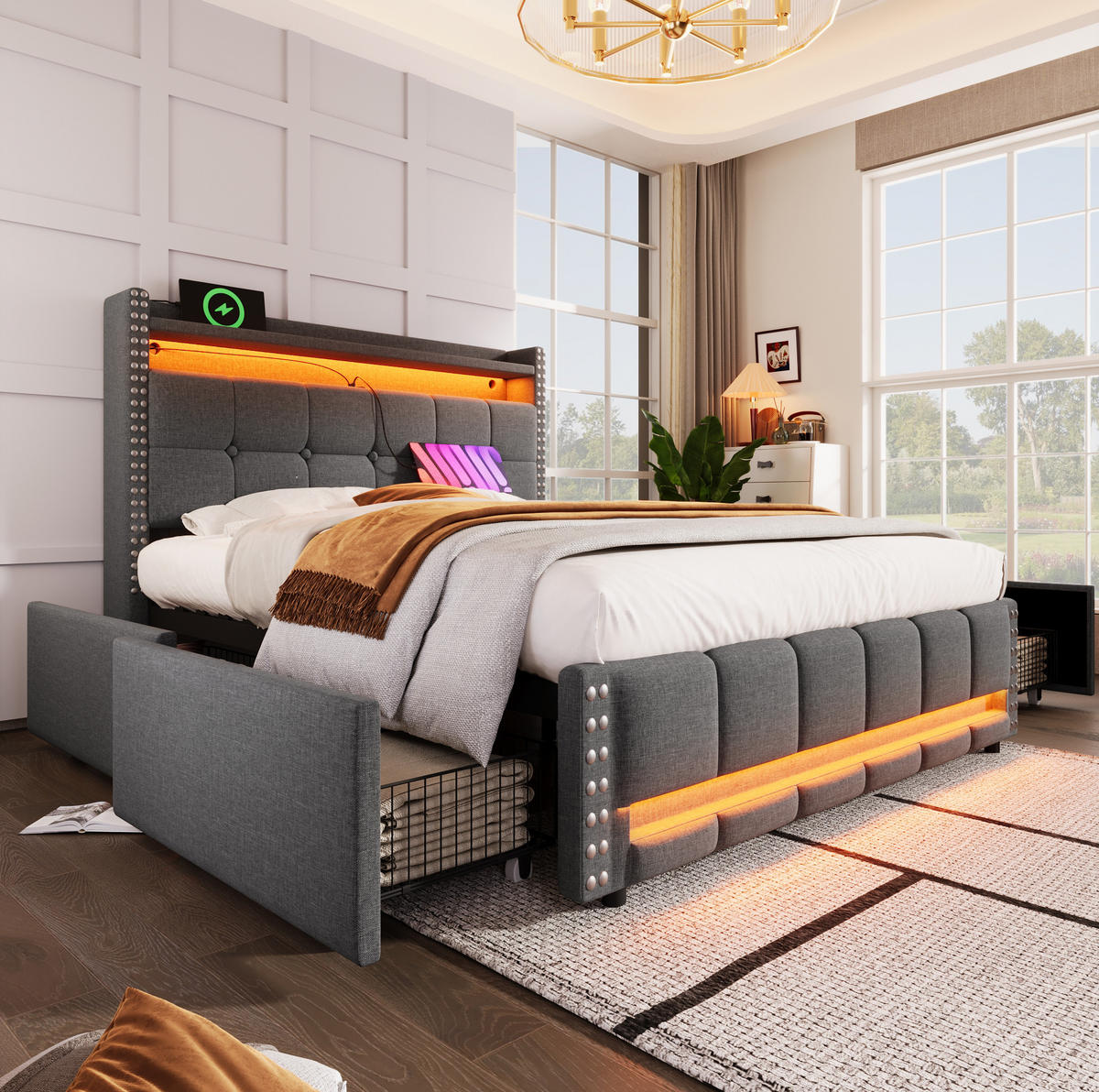 ČALOUNĚNÁ postel, 140/200 cm, šedá, s LED osvětlením, USB a úložnými zásuvkami - šedá, textil (140/200cm) - BEAOK