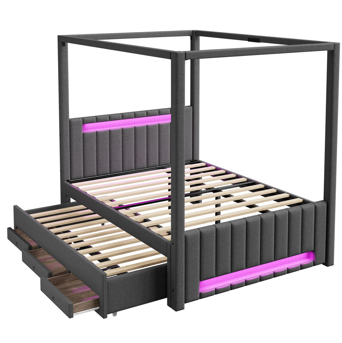 KREVET 140/200 cm s izvlačnim krevetom, LED osvjetljenjem i tri ladice, Siva - siva, tekstil (140/200cm) - Redom