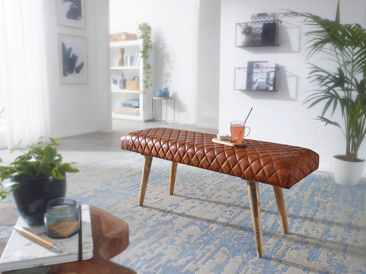 SITZBANK – Echtleder/Holz, Springbock-Stil - Braun, Mangoholz/Leder (115/53/38cm) - KADIMA DESIGN