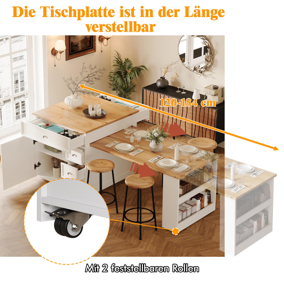 INSULĂ BUCĂTĂRIE 120-184cm Extensibilă Alb - alb, compozit lemnos (182/94/70cm) - FLIEKS