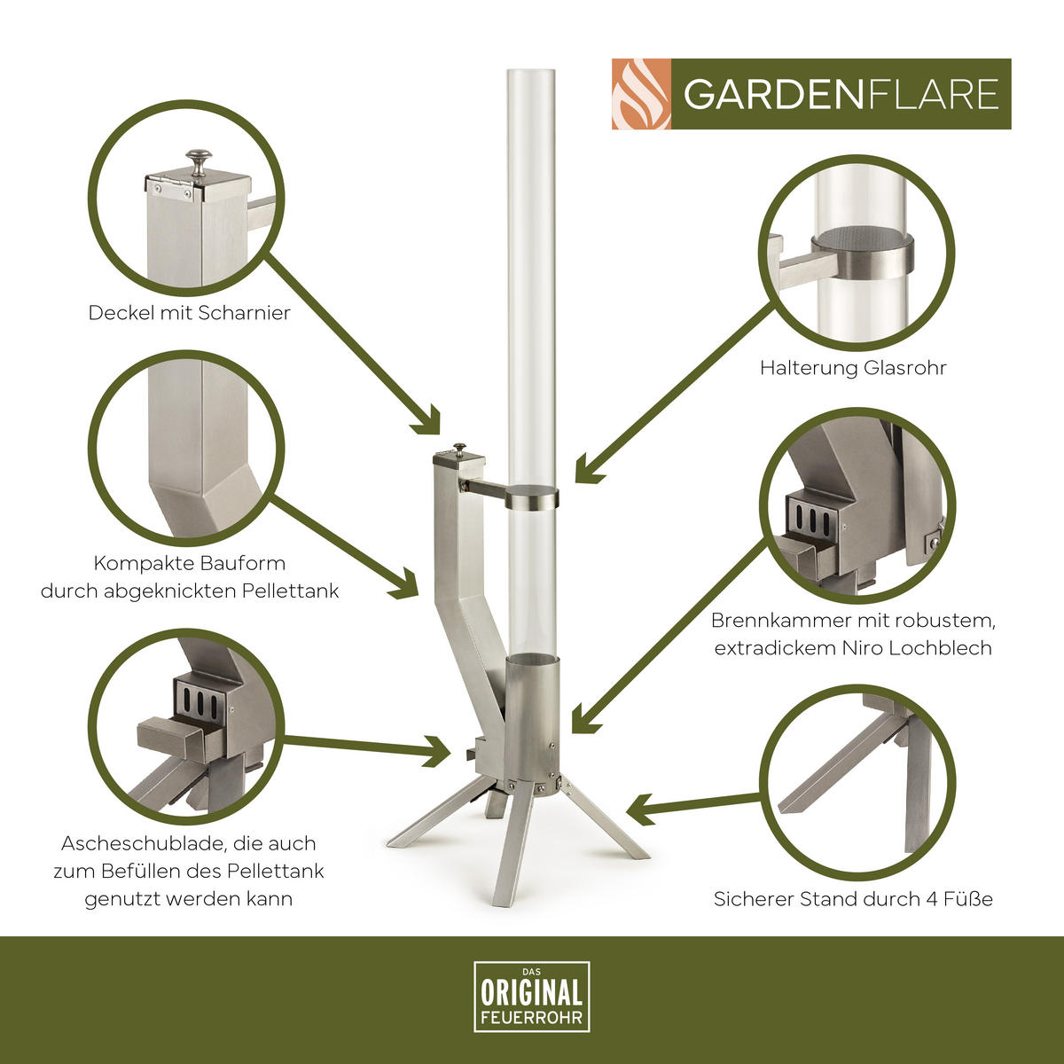 GARDENFLARE Feuerrohr – elegante Edelstahl Feuersäule und Pelletfackel - silber - Silberfarben, Metall (36/131/35cm) - Gardenflare