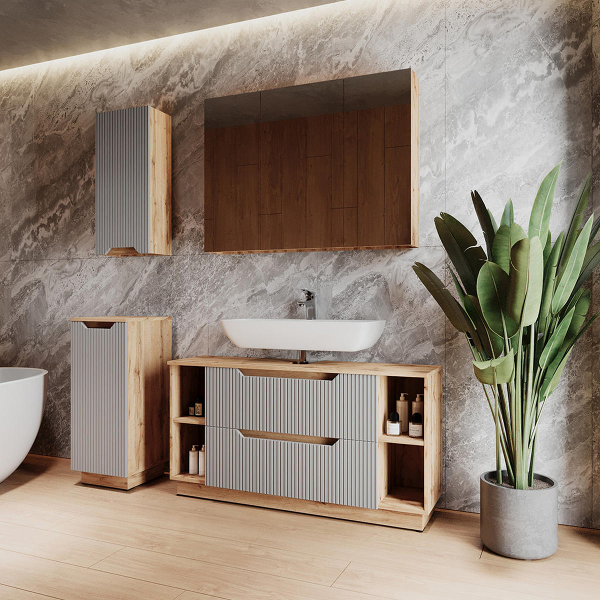 BADMÖBEL-SET Lotta Eiche/grau gestreift 4 Teile - Eichefarben/Grau, Holzwerkstoff (119.2/62.5/35cm) - Vicco