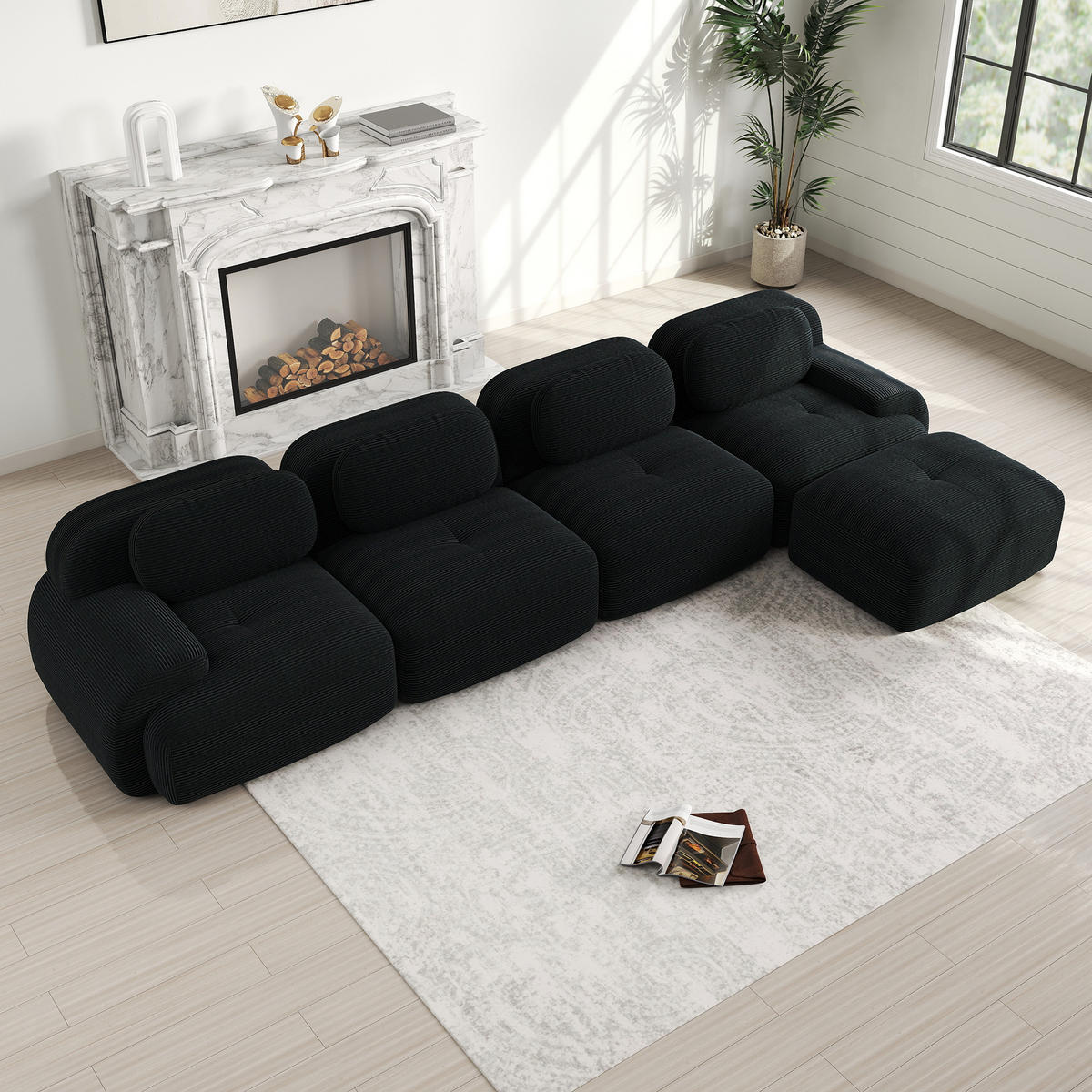 ECKSOFA 388/178/75 cm schwarz aus Cordstoff modular und montagefrei - Schwarz, Textil (178/388cm) - OKWISH