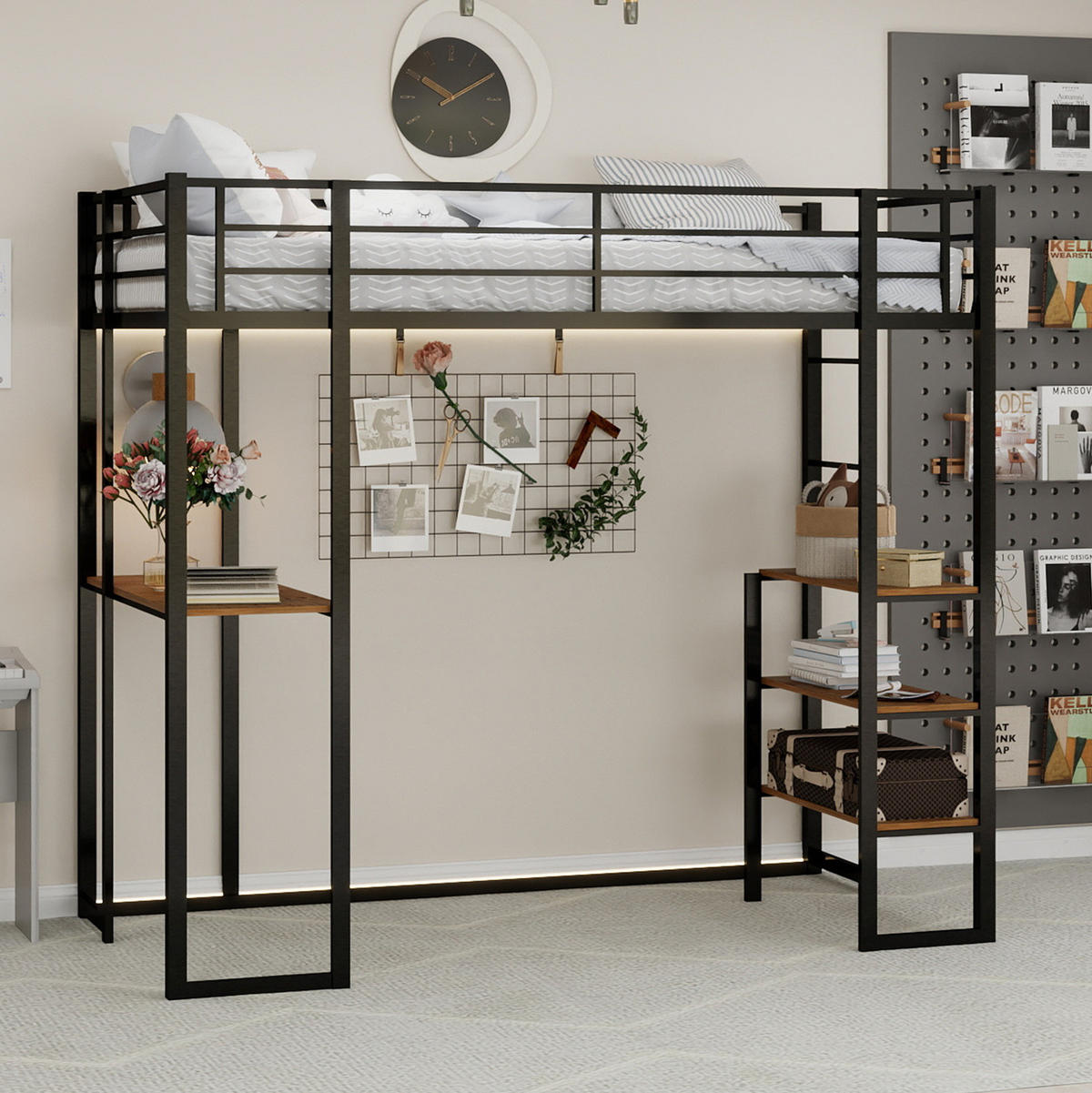 ETAGENBETT 90/200 cm schwarz aus Eisen mit Schreibtisch und beidseitiger Leiter - Schwarz, Metall (90/200cm) - OKWISH