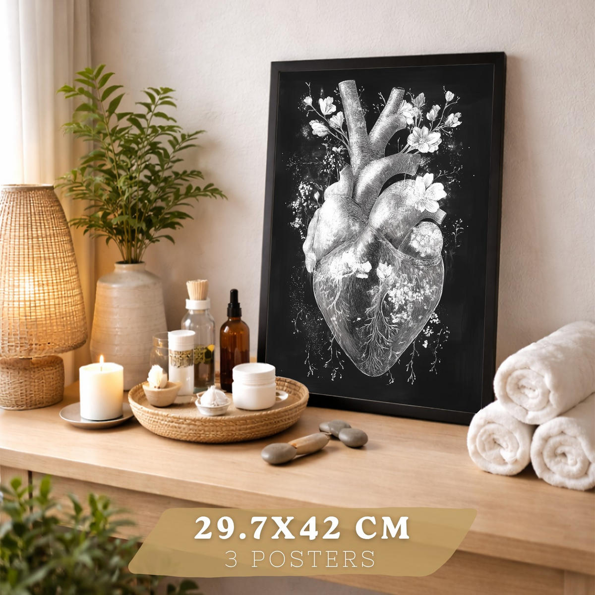 POSTER Set aus 3 Anatomie Drucke und Wandbilder mit Inneren Organen Gehirn Herz Nieren Minimalistisches Schwarz Weiß Design Größe Rahmenlos A3 - Klar, Papier (29.7/42/3cm) - Nacnic