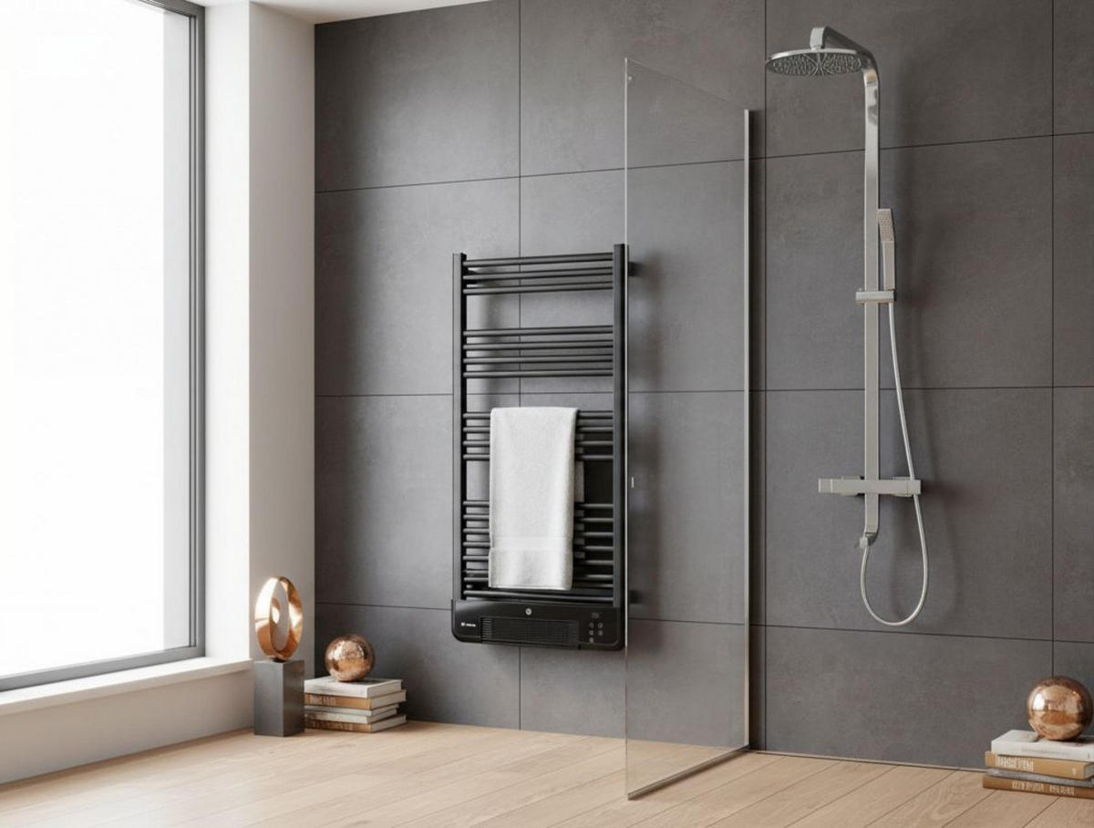 HANDTUCHTROCKNER Schwarz mit Elektrosystem und Wandhalterung 2000 W - Schwarz, Metall (54/102/14cm) - Purline