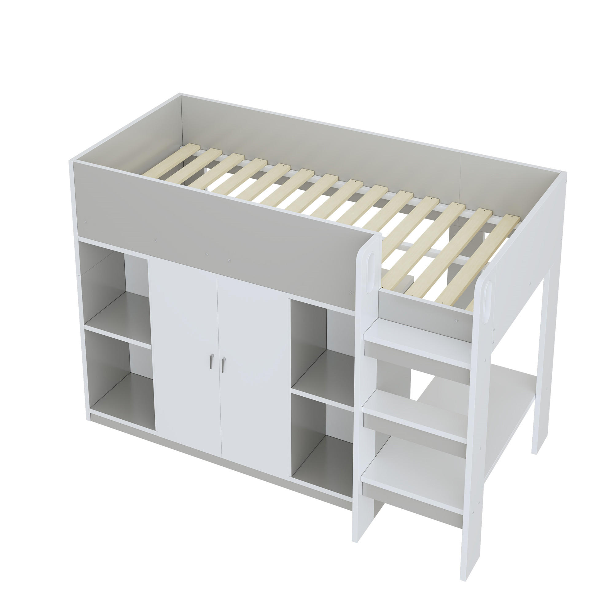 HOCHBETT 90/200 cm DE-01364, in Grau, mit Schrank, Regalen und Leiter - Grau, Holzwerkstoff (90/200cm) - ComfortXL