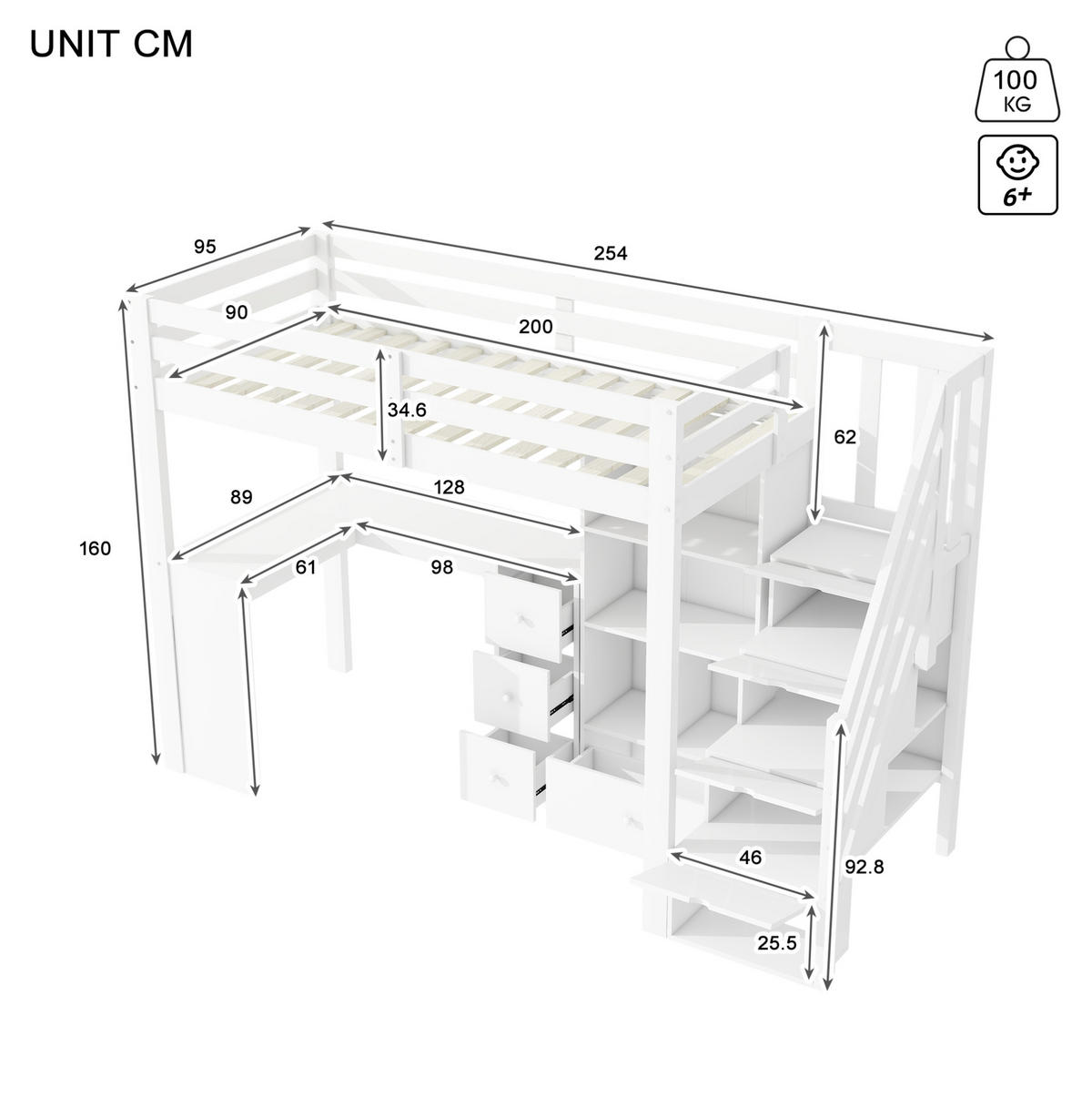 HOCHBETT 90/200 cm aus Kiefer und MDF mit Schreibtisch und Stauraumleiter Weiß - Weiß, Holz (90/200cm) - Modenvie