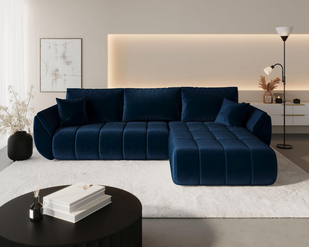 ROHOVÁ pohovka SYDNEY PREMIUM pravá tmavě modrá samet Monolith 77 - funkce spaní, úložný prostor - tmavě modrá, textil (280/185cm) - Cornero