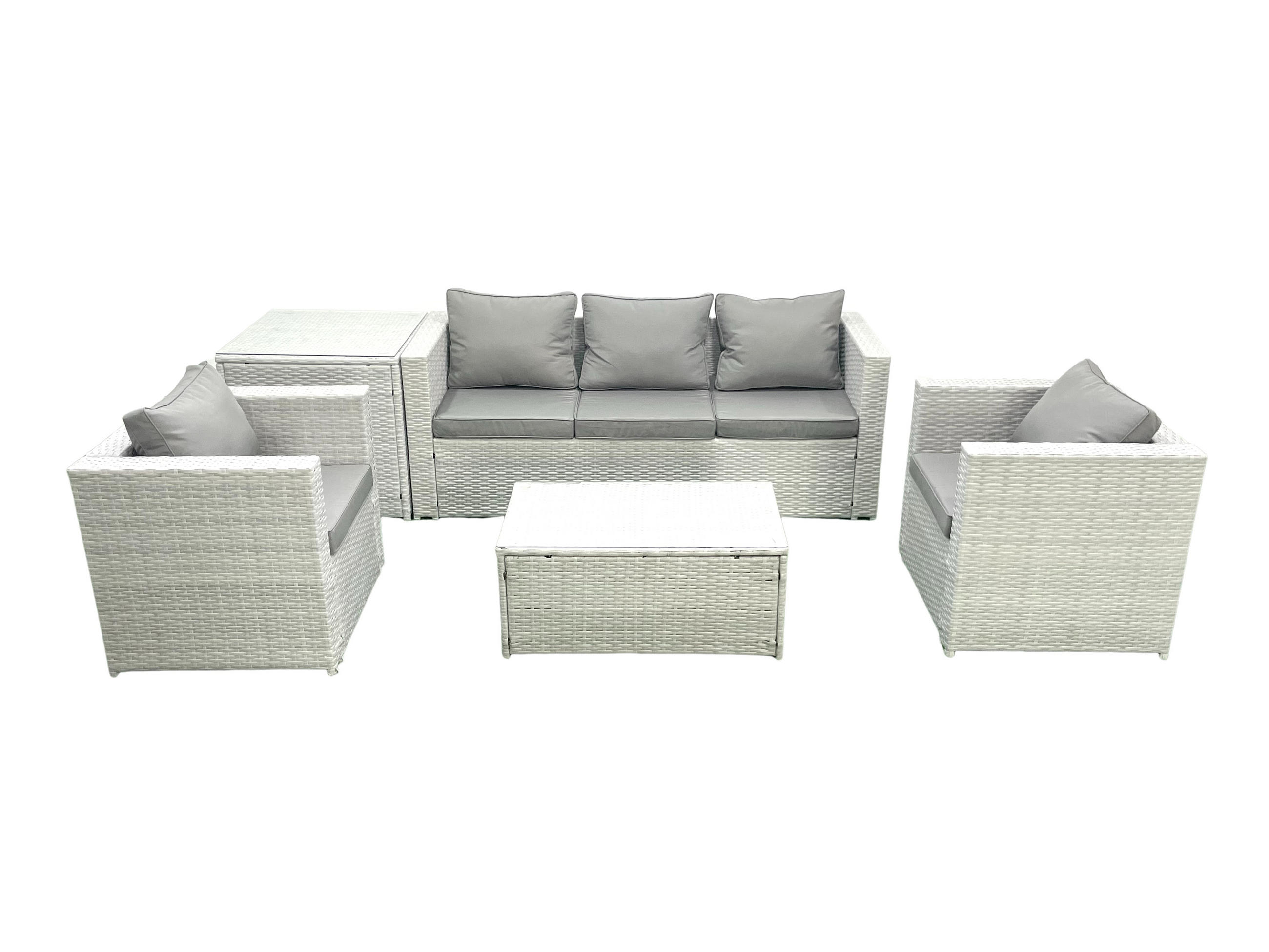 GARTENMÖBELSET mit 3-SITZER SOFA,COUCHTISCH Polyrattan Hellgrau-Mix 5-Sitzer - Hellgrau/Grau, Glas/Kunststoff - Fimous