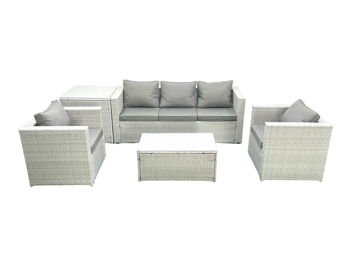 GARTENMÖBELSET mit 3-SITZER SOFA,COUCHTISCH Polyrattan Hellgrau-Mix 5-Sitzer - Hellgrau/Grau, Glas/Kunststoff - Fimous
