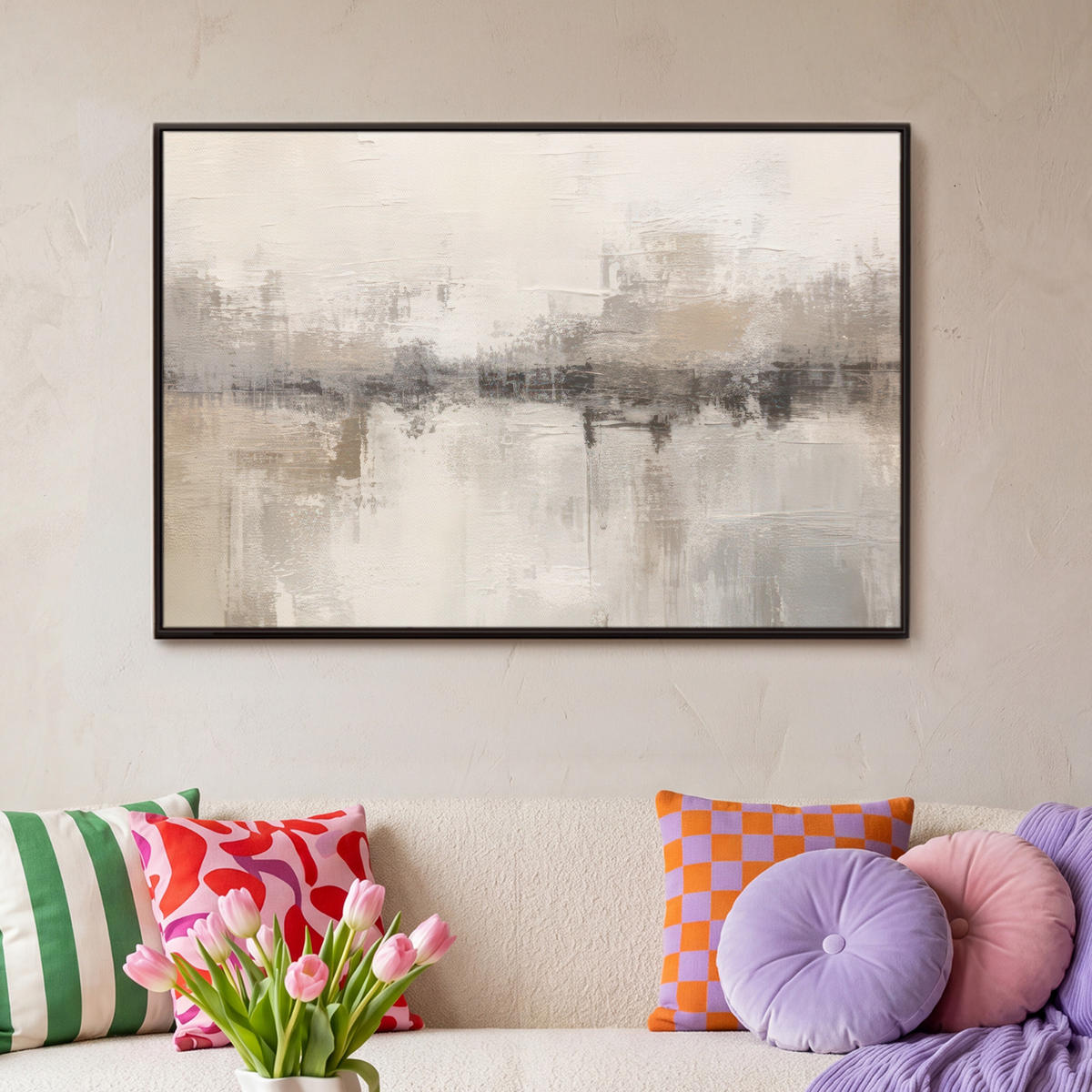 LEINWAND Bilder mit Rahmen - Moderne Kunst - Abstrakt - Beige - 90x60 - Beige, Textil (90/60cm) - MuchoWow