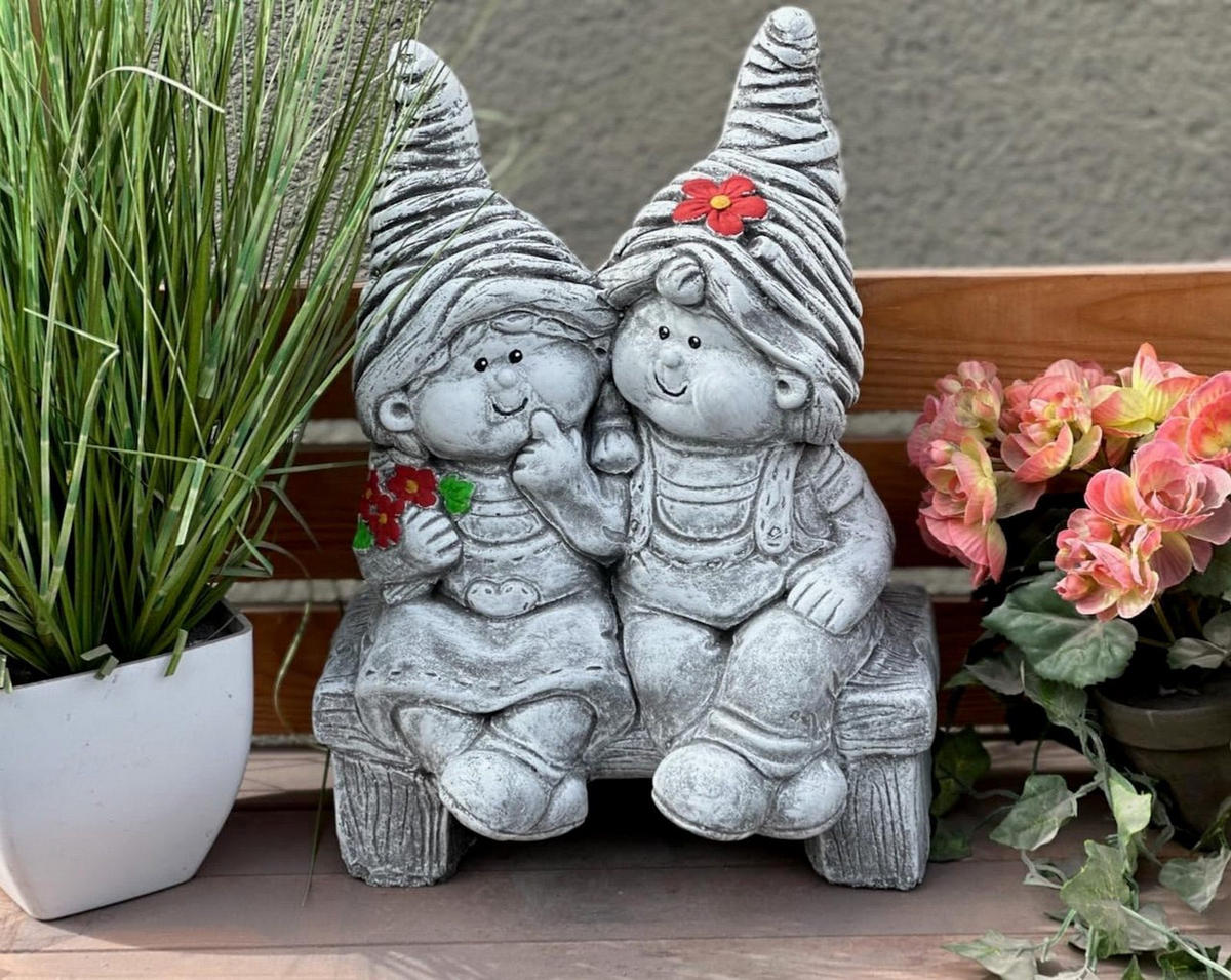 STEINFIGUR 2 Wichtel auf Bank frostfest wetterfest massiv - Grau, Stein (25/35/18cm) - stoneandstyle