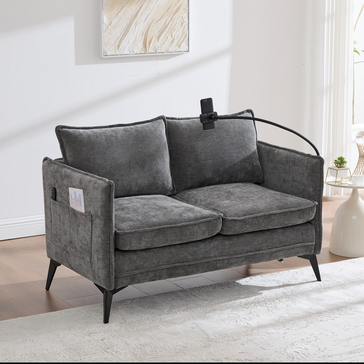 SOFA 2-Sitzer Grau Stoff mit Handy-Halterung & doppelten Ablagefächern 127/69/66 cm - Grau, Textil (127/66/69cm) - OKWISH