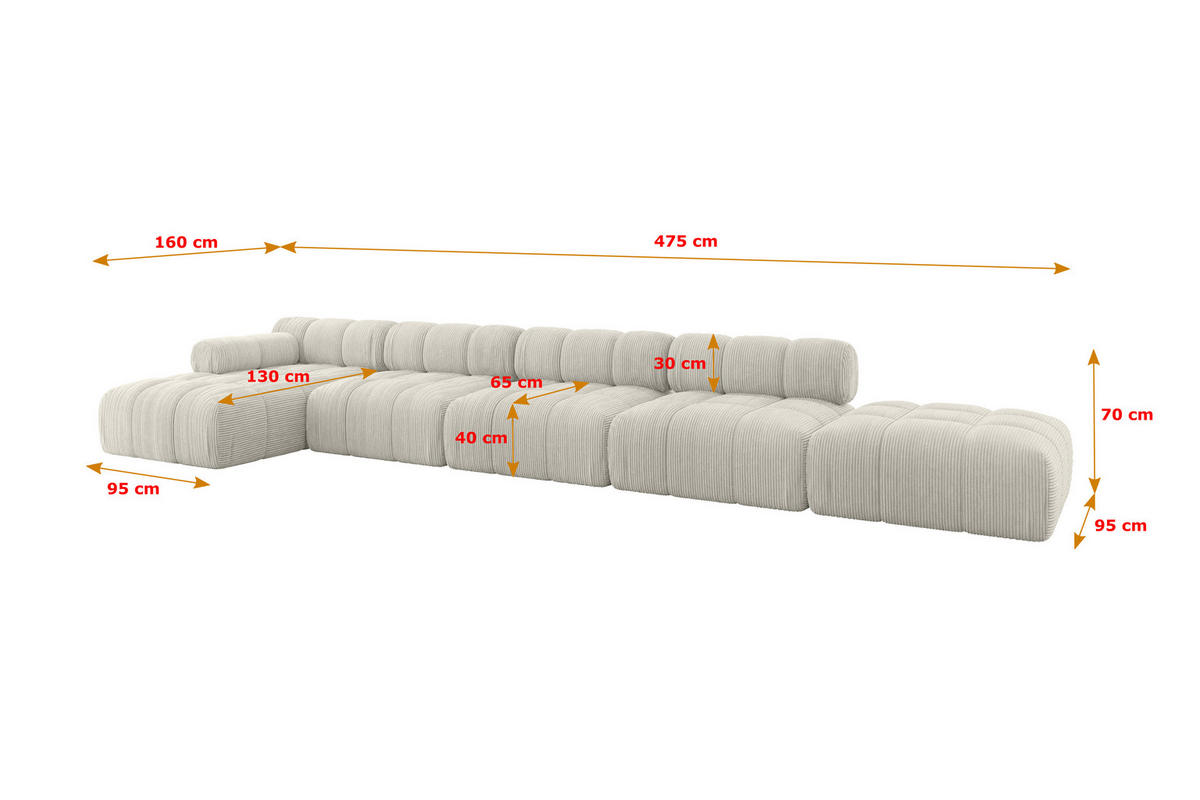 ECKSOFA modulares Sofa Lizur-L3 - 475x160x70 cm Hellgrau Cord - Hellgrau, Holzwerkstoff/Textil (475/160cm) - ALTDECOR