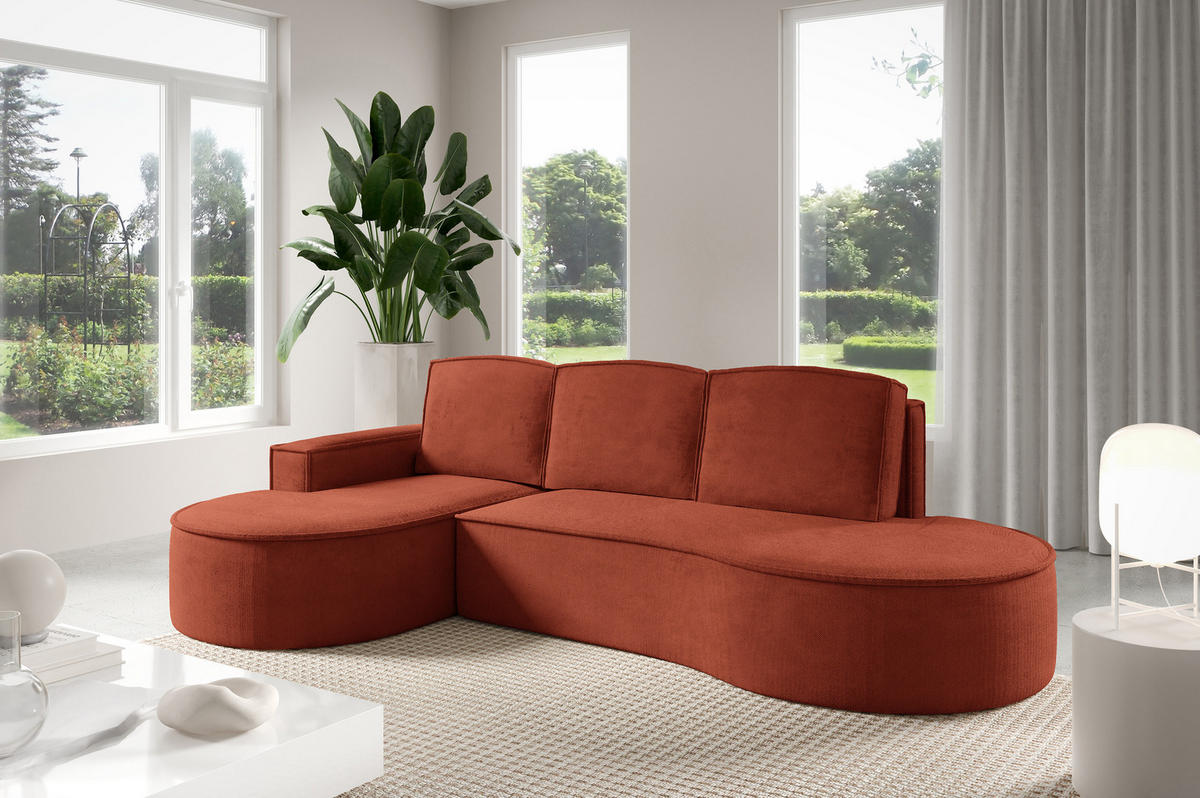 ECKSOFA MOLLY mit Schlaffunktion – Halbrund, freistehend, Liegefläche 140x207 cm, 3 Kissen, Abriamo-Stoff, 277x157x88 cm, Links Braun - Rotbraun, Holz/Textil (157/277cm) - DomoHome