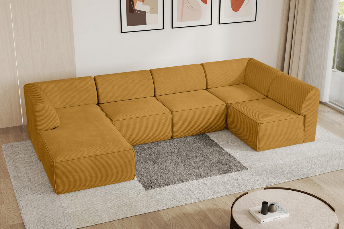 WOHNLANDSCHAFT Ottomane Links MOVO-L 345x180x78 cm Senffarbe Cord - Honig, Holzwerkstoff/Kunststoff (345/78/180cm) - ALTDECOR