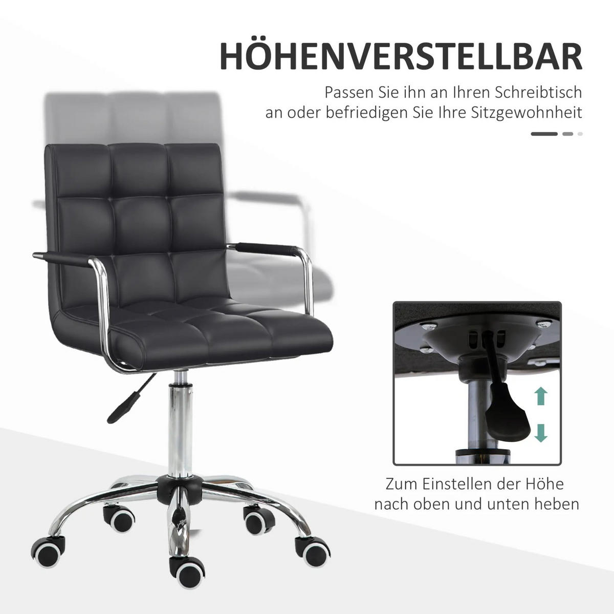 DREHSTUHL Schwarz höhenverstellbar 46-61 cm mit Armlehnen und Rollen - Schwarz, Kunststoff (54/99/52.5cm) - Flora Grace