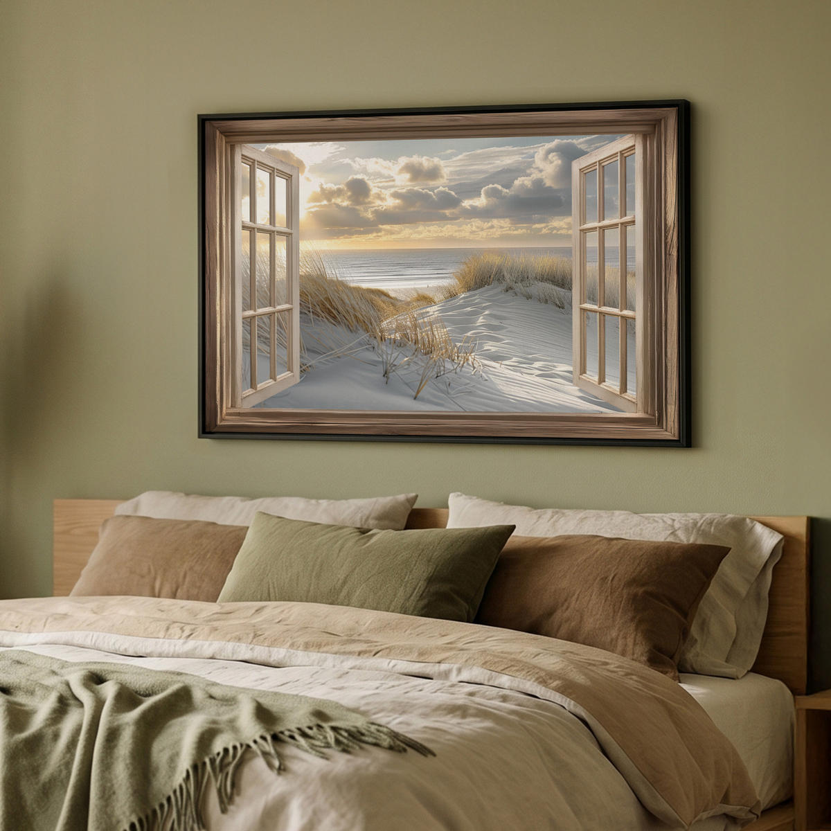LEINWAND Bilder mit Rahmen - Ausblick - Strand - Dünen - Meer - Natur - 90x60 - Sandfarben, Textil (90/60cm) - MuchoWow