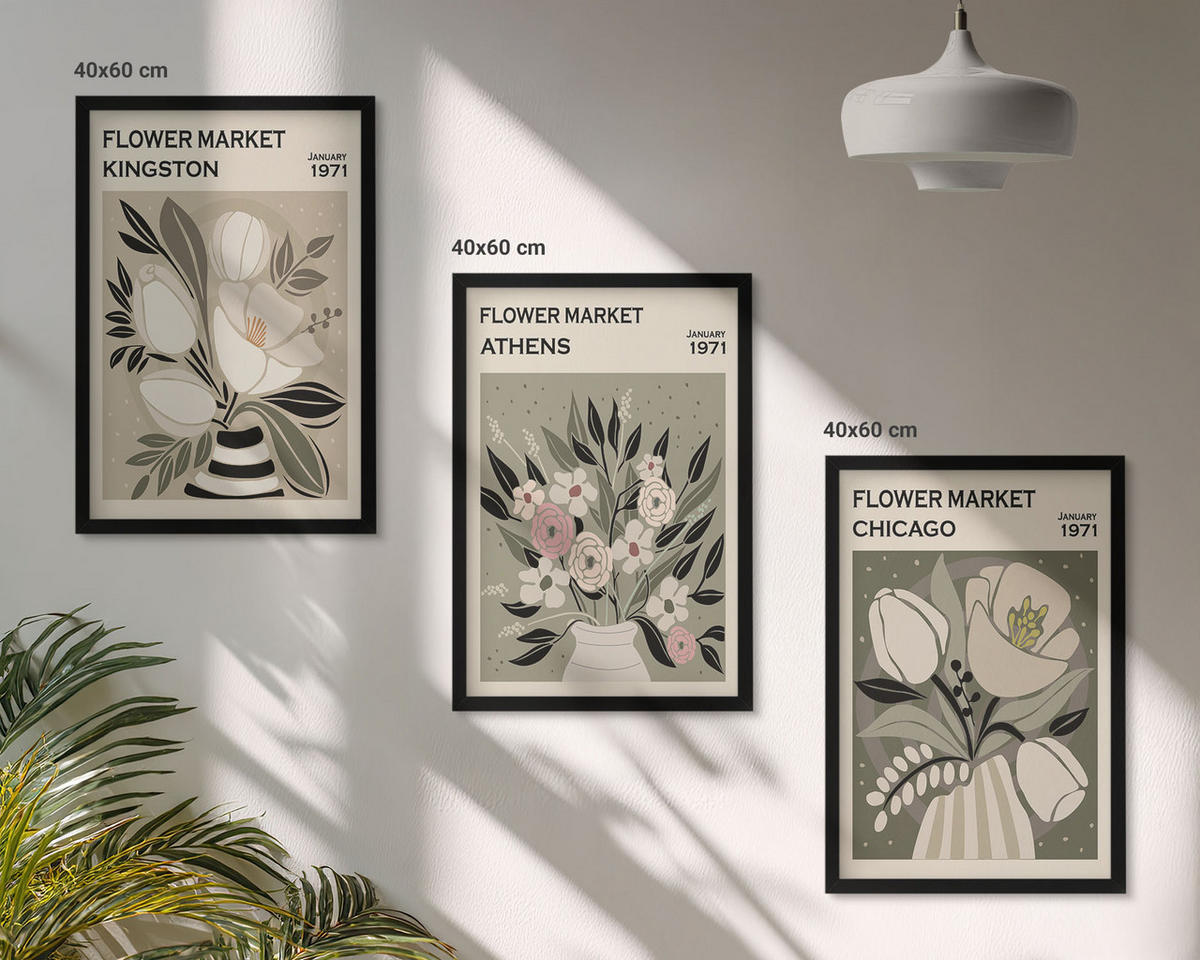 BILDER SET 3er Set - 40x60 cm Schwarzer Rahmen - Retro-Blumenarrangements - Schwarz, Kunststoff (40/60cm) - TULUP