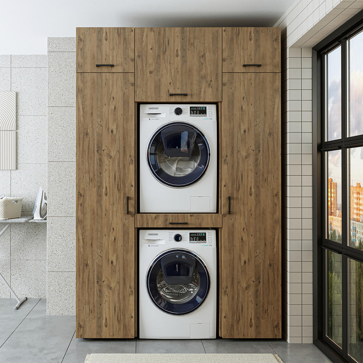 WASCHMASCHINENSCHRANK DUO-I 157cm Breit, 240cm Hoch - Eichefarben, Holzwerkstoff (157/240/67cm)