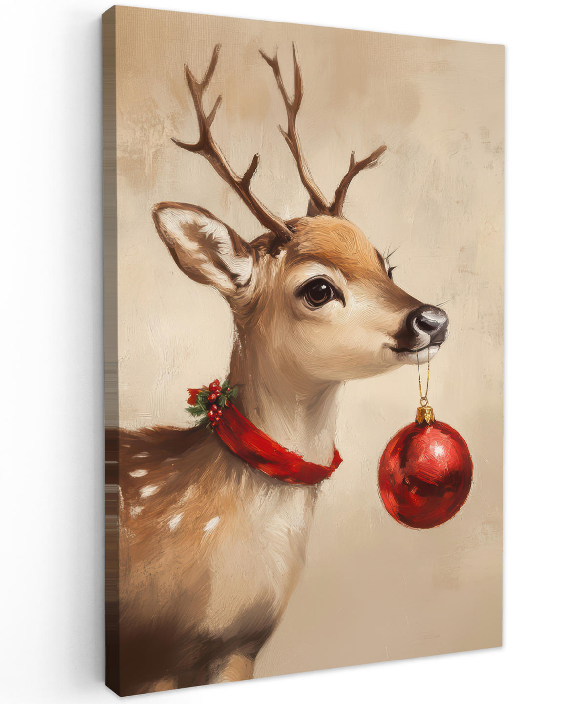 LEINWANDBILD Weihnachten - Hirsch - Geweih - Weihnachtskugel - Rentier 20x30 cm - Hellbraun, Textil (20/30cm) - MuchoWow