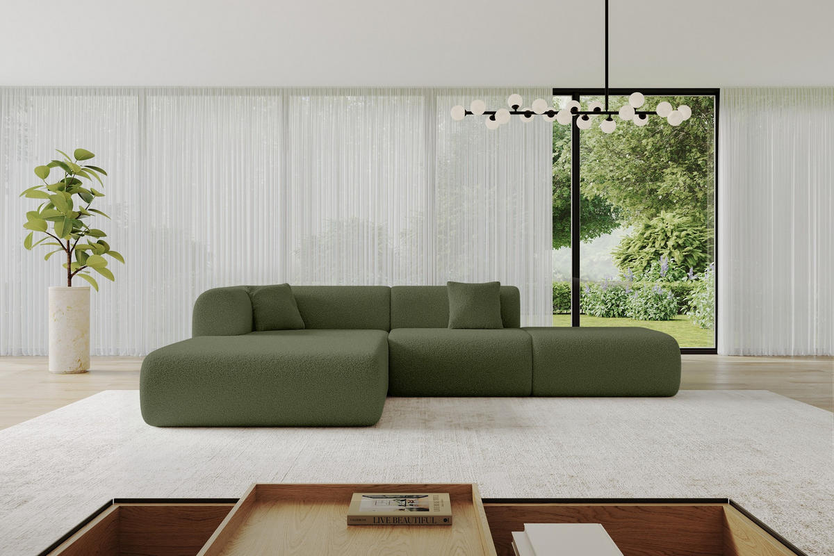 ECKSOFA Ottomane Links OVLY-L 289x176x71 Grün Bouclé - Schwarz/Grün, Holzwerkstoff/Kunststoff (176/289cm) - ALTDECOR