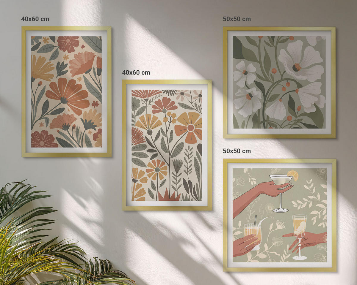 BILDER SET 4er Set - 50x50 cm & 40x60 cm Goldrahmen - Blumenmuster in Orange und Grün - Goldfarben, Kunststoff (50/50cm) - TULUP
