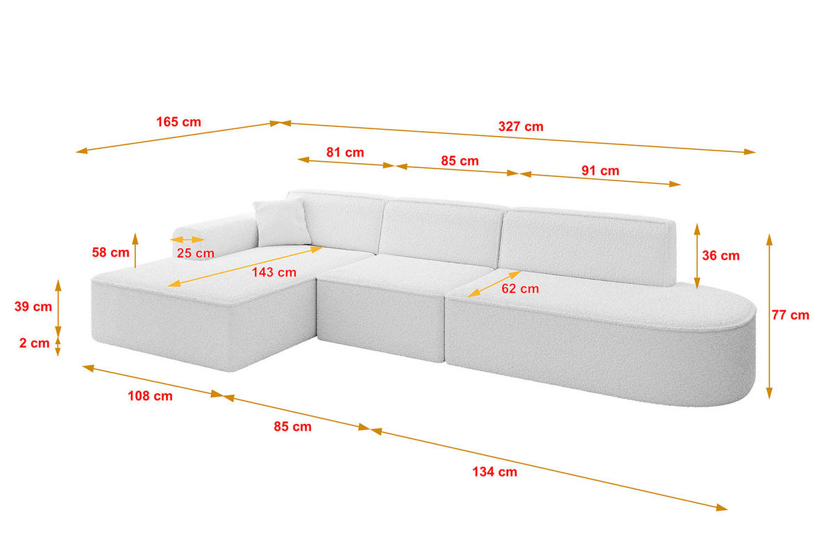ECKSOFA Ottomane Links IREA-L2-v3 - 327x165x77 cm Weiß - Weiß, Holzwerkstoff/Textil (327/165cm) - ALTDECOR