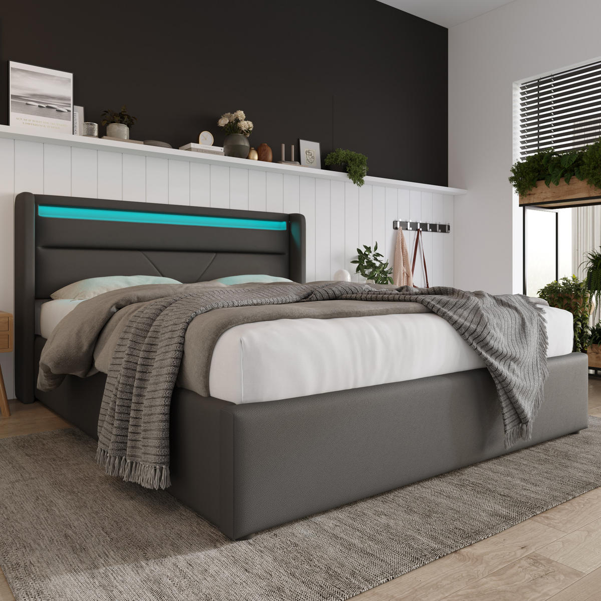 POLSTERBETT mit Bettkasten und LED 140x200 cm PU Grau inklusive Matratze - Grau, Metall (140/200cm) - Meubliv