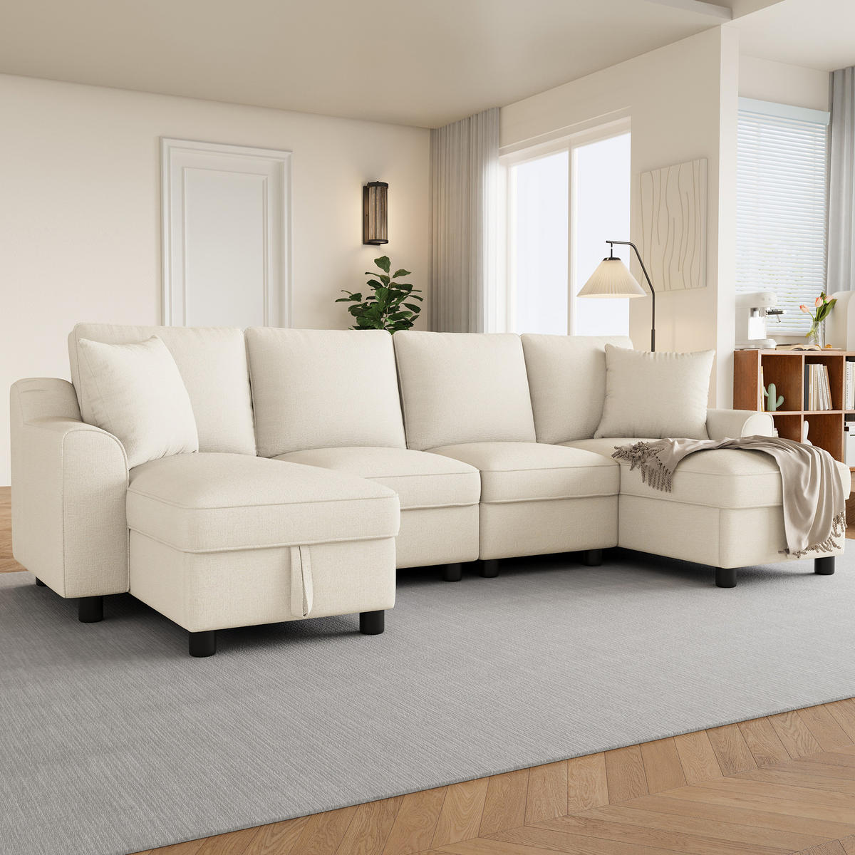 ECKSOFA U-Form 280/137/84 cm Beige mit 2 Chaiselongues als Ecksofa und aufklappbarem Stauraum - Beige, Textil (137/84/280cm) - Oxeza