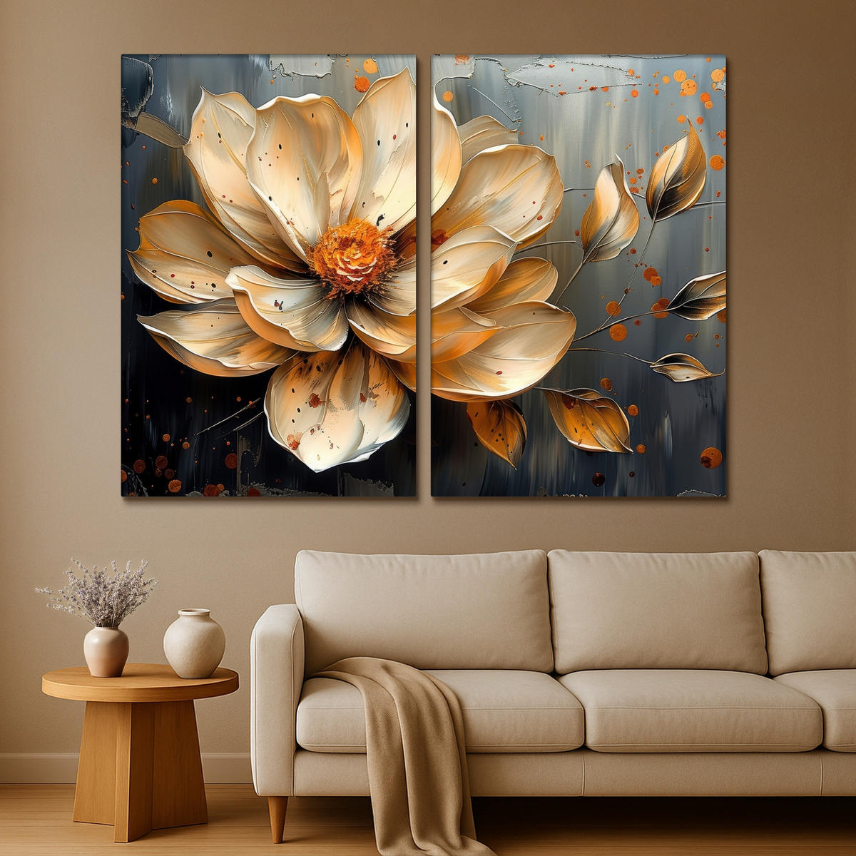 LEINWANDBILD 2er Set Blume - Gold - Abstrakt - Farbe 240x180 cm - Creme, Textil (240/180cm) - MuchoWow