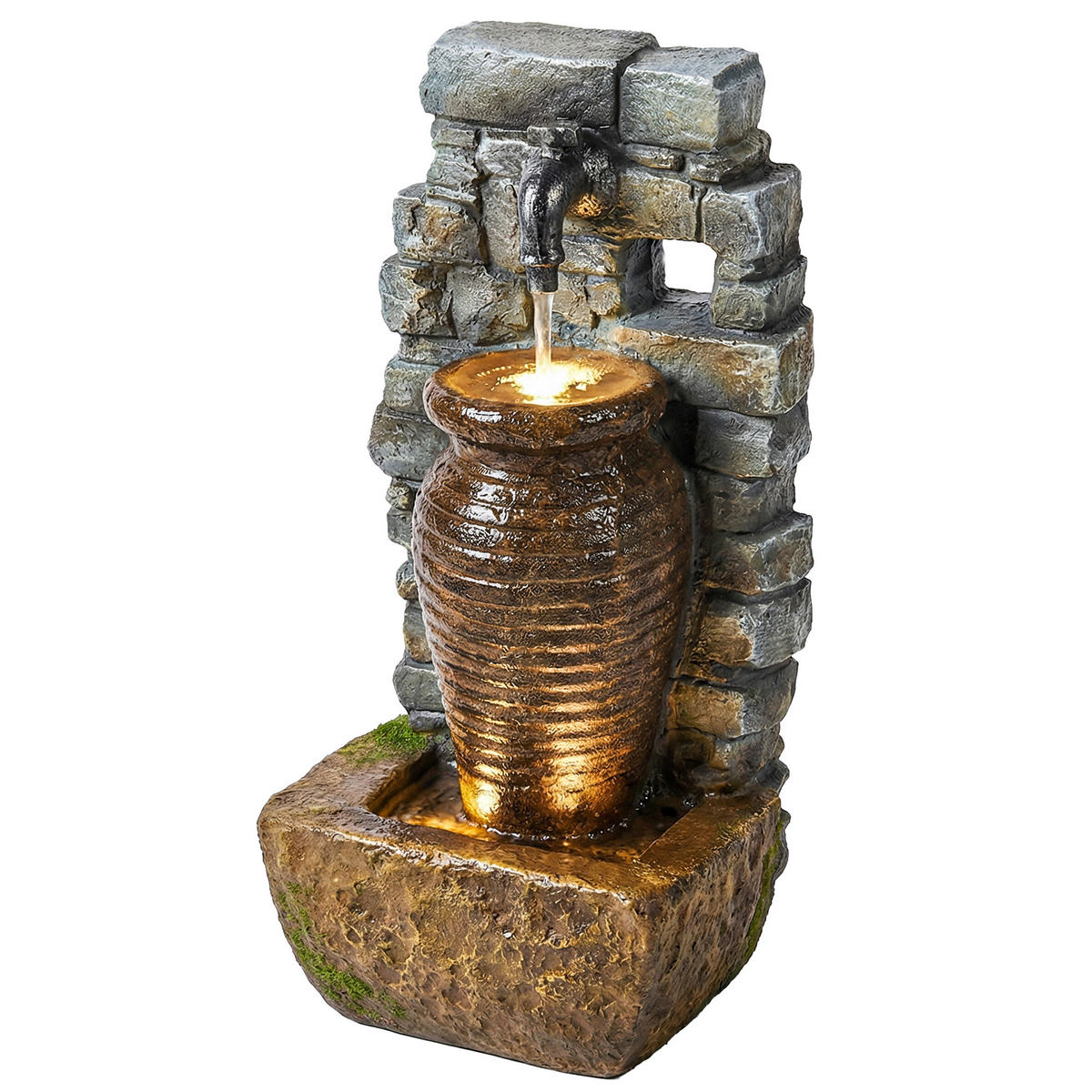 GARTENBRUNNEN mit einstellbarem Wasserfluss und 3-stufiger rustikaler Steinwand im Krugdesign - Anthrazit, Kunststoff (20.5/26cm) - FORIOUS